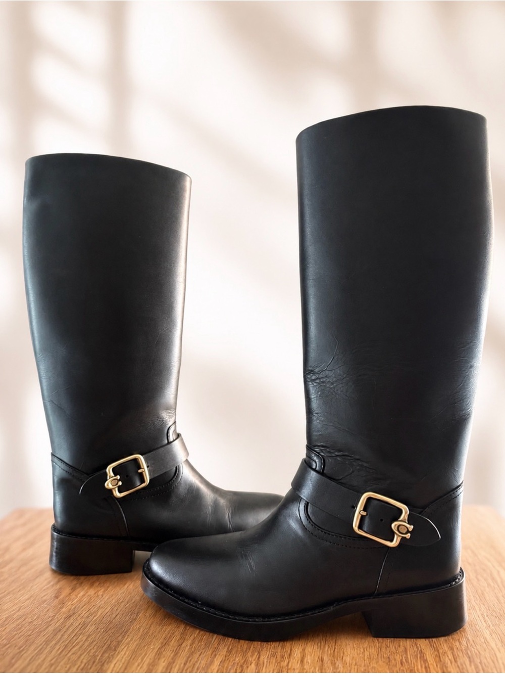 Coach Black Leather Knee High Riding Boots Gold Buckle - Picture 7 of 9